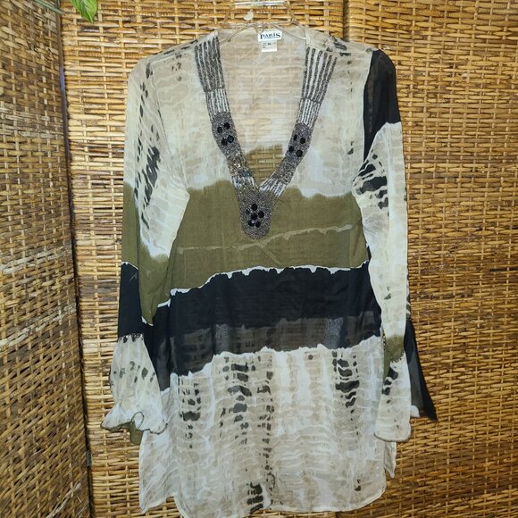 Paris Paris Blouse Sheer Beaded Sequins Bell Sleeve Tunic Length BEAUTIFUL!! M - Picture 2 of 7